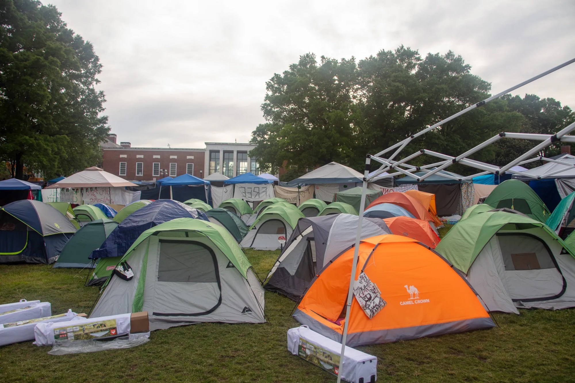 Tents at the encampment at Johns Hopkins University on Wednesday, May 8, 2024. Credit: Myles Michelin
