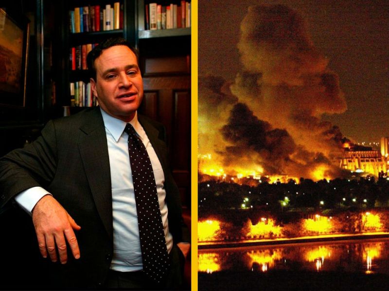 Split screen image. On the left: David Frum, author and George W Bush's former economic speech writer at home in Washington DC. On the right: Fires burn in and around Saddam Hussein's Council of Ministers during the first wave of attacks in the "shock and awe" phase of "Operation Iraqi Freedom" on March 21, 2003, in Baghdad, Iraq.
