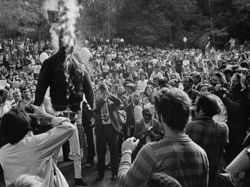 Students burn an effigy of Columbia University's president Grayson Kirk at a protest rally in Morningside Park in Manhattan on June 4, 1968. Photo by Don Jacobsen/Newsday RM via Getty Images