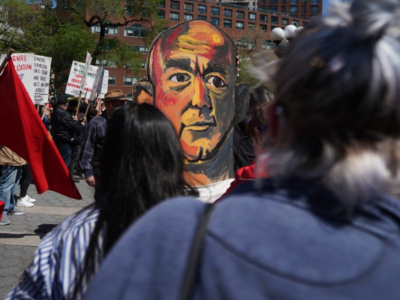 Protesters hold a puppet of Amazon CEO Jeff Bezos during a May Day protest on May 1, 2021, in New York City. Across the country people are protesting and marching on the traditional day of workers rights and demanding fair treatment and the unionization of Amazon.