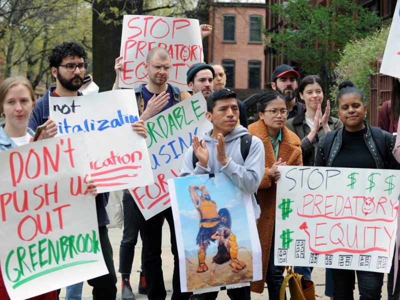 People gather to protest rent increases and aggressive evictions and in support of tenant rights, on April 23, 2022, in the Brooklyn borough of New York City