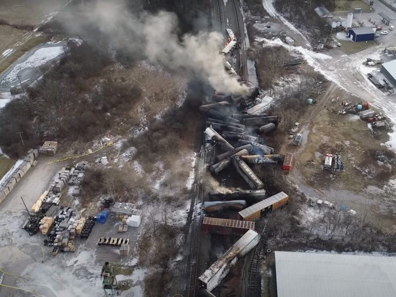 This video screenshot released by the US National Transportation Safety Board (NTSB) shows the site of a derailed freight train in East Palestine, Ohio. About 50 Norfolk Southern freight train cars derailed on the night of Feb. 3 in East Palestine, a town of 4,800 residents near the Ohio-Pennsylvania border, due to a mechanical problem on an axle of one of the vehicles.