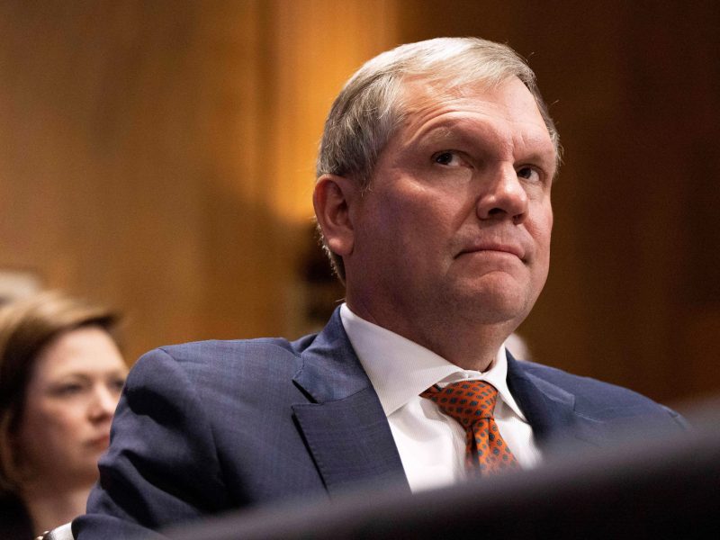 Norfolk Southern CEO Alan Shaw testifies at a hearing before the Senate Environment and Public Works Committee on protecting public health and the environment in the wake of the Norfolk Southern train derailment and chemical release in East Palestine, Ohio. Photo by Aaron Schwartz/Xinhua via Getty Images