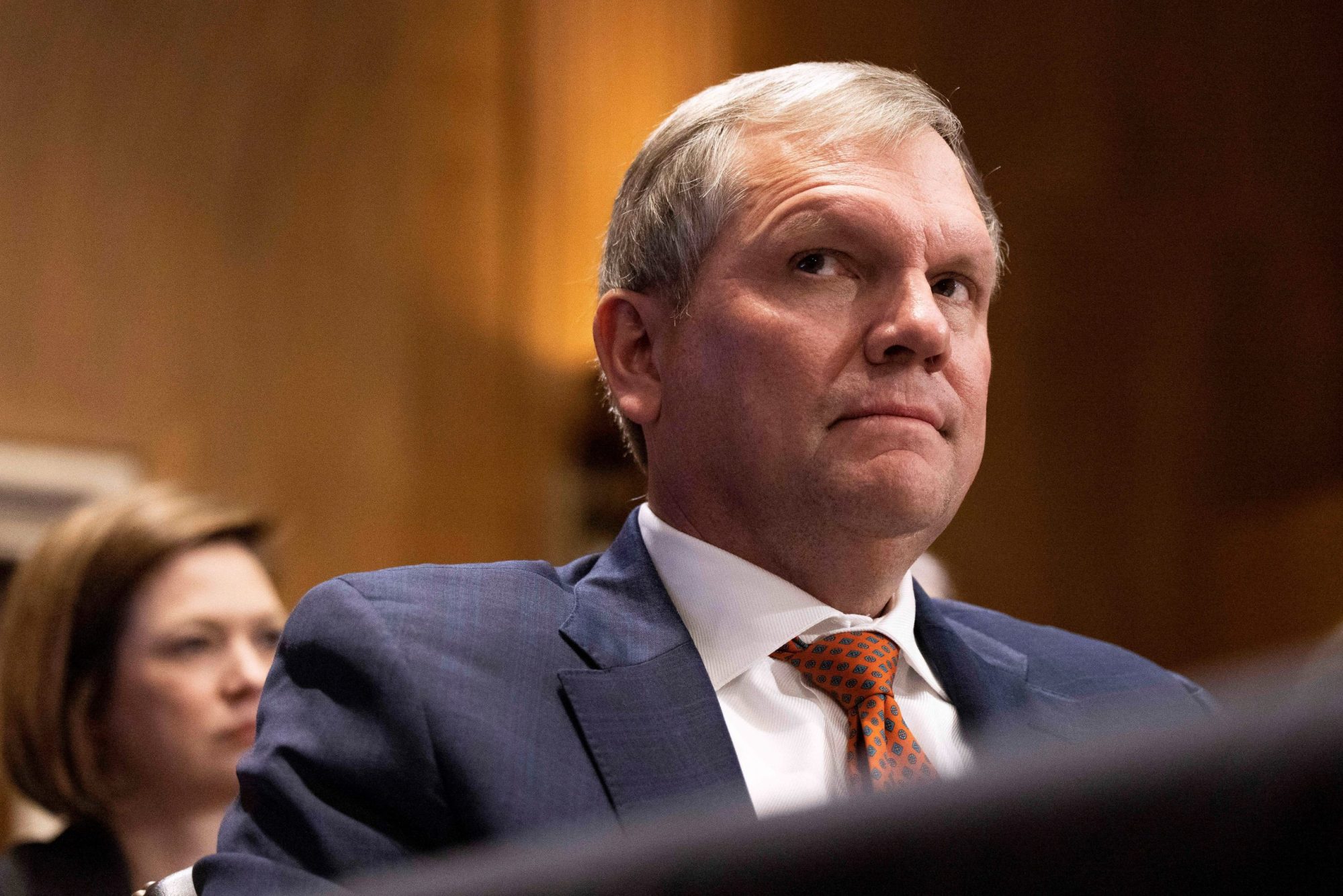 Norfolk Southern CEO Alan Shaw testifies at a hearing before the Senate Environment and Public Works Committee on protecting public health and the environment in the wake of the Norfolk Southern train derailment and chemical release in East Palestine, Ohio. Photo by Aaron Schwartz/Xinhua via Getty Images
