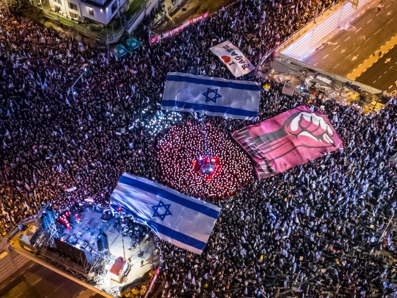 An aerial view of streets where Israelis take part in the "Day of Resistance" rally to protest the Israeli government plan to introduce judicial changes, in Tel Aviv, Israel on March 11, 2023. Photo by Amir Terkel/Anadolu Agency via Getty Images.