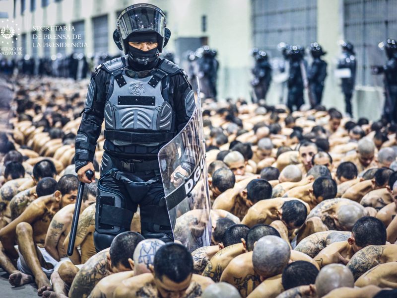 The arrival of inmates belonging to the MS-13 and 18 gangs to the new prison 'Terrorist Confinement Center' (CECOT), in Tecoluca, 74 km southeast of San Salvador, on March 15, 2023. Photo by Press Secretary Of The Presidency Of El Salvador / Handout/Anadolu Agency via Getty Images