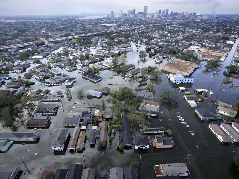 Flood waters from Hurricane Katrina cover streets 30 August, 2005 in New Orleans, Louisiana. Photo by POOL/POOL/AFP via Getty Images