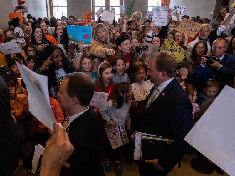 Republican state Rep. William Lamberth enters the house chamber ahead of session as protesters chant demanding action for gun reform laws in the state at the Tennessee State Capitol on April 3, 2023 in Nashville, Tennessee. Photo by Seth Herald/Getty Images.
