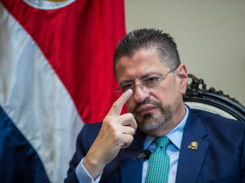 Costa Rica's President Rodrigo Chaves gestures during an AFP interview at the Presidential House in San Jose, on May 4, 2023. Photo by JOSE CORDERO/AFP via Getty Images