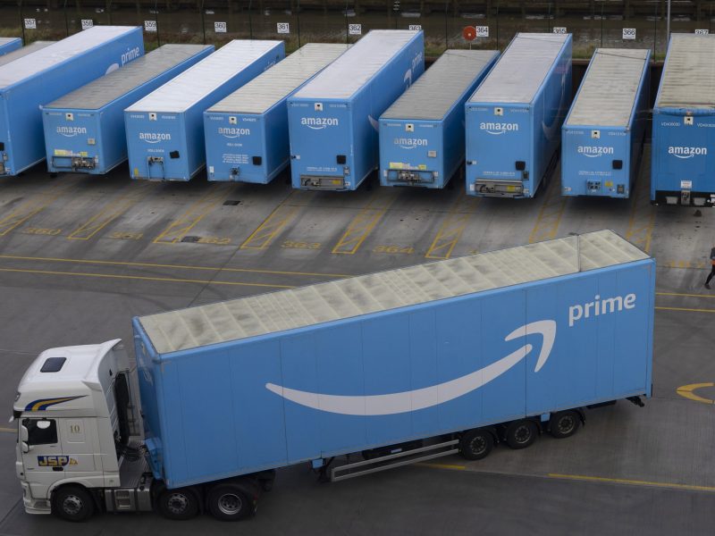 Amazon Prime lorries are seen at the Amazon fulfilment centre on December 13, 2021, in London, England.