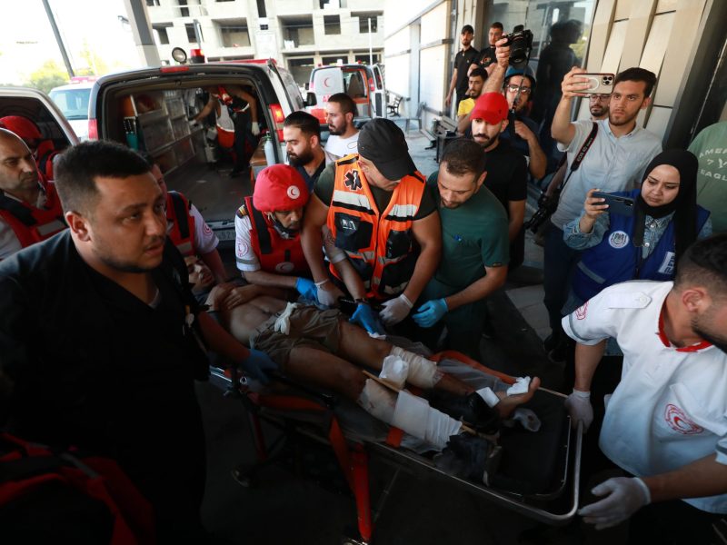 A man who wounded in Israeli forces conducted airstrikes and raid is taken to nearby hospital for treatment in Jenin, West Bank on July 03, 2023. Photo by Nedal Eshtayah/Anadolu Agency via Getty Images