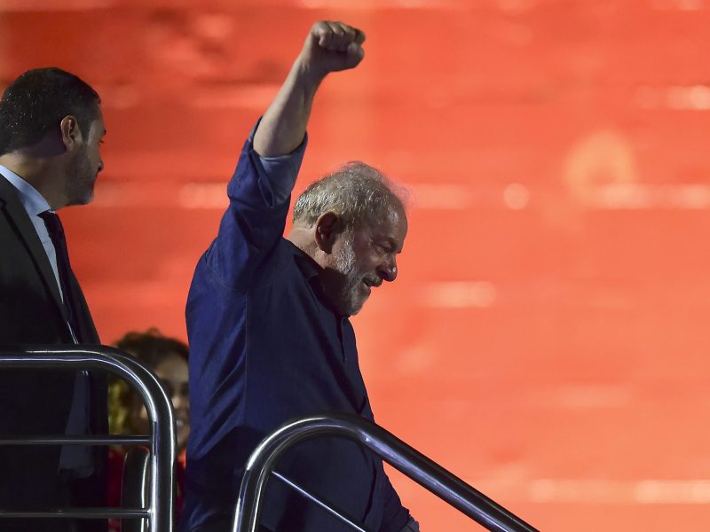 Candidate Luiz Inácio Lula Da Silva puts his fist in the air in front of a crowd of supporters after being elected president of Brazil over incumbent Jair Bolsonaro by a thin margin in the national runoff elections at Paulista Avenue on October 30, 2022 in Sao Paulo, Brazil.