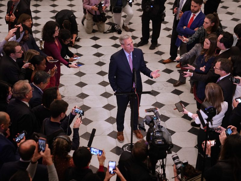 Speaker of the House Kevin McCarthy (R-CA) talks to reporters in Statuary Hall after being elected Speaker in the House Chamber at the U.S. Capitol Building on Jan. 7, 2023, in Washington, DC. After four days of voting and 15 ballots McCarthy secured enough votes to become Speaker of the House for the 118th Congress.