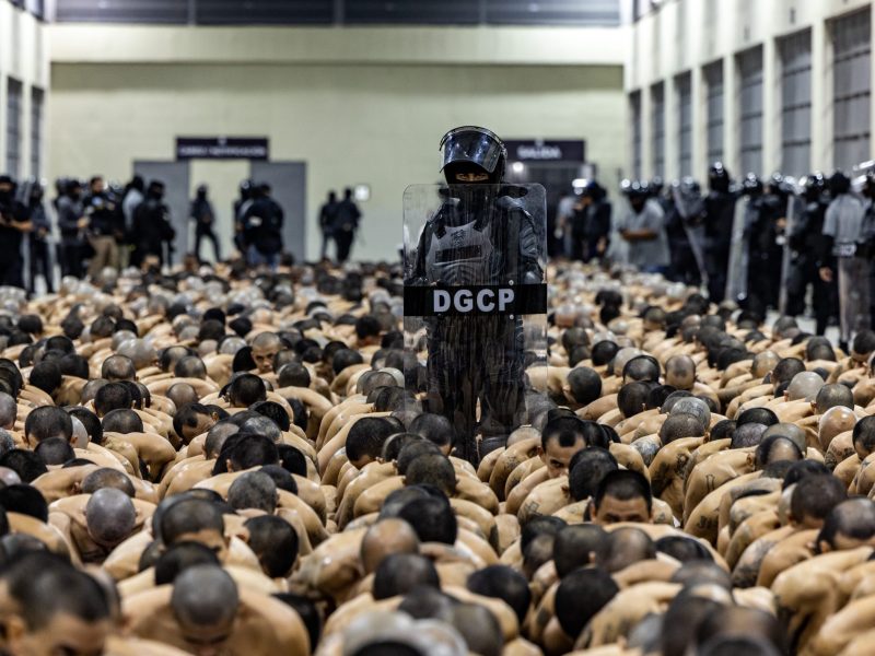 A second group of 2,000 detainees are moved overnight to the mega-prison Terrorist Confinement Centre on March 15, 2023 in Tecoluca, El Salvador. Photo by Handout/Presidencia El Salvador via Getty Images