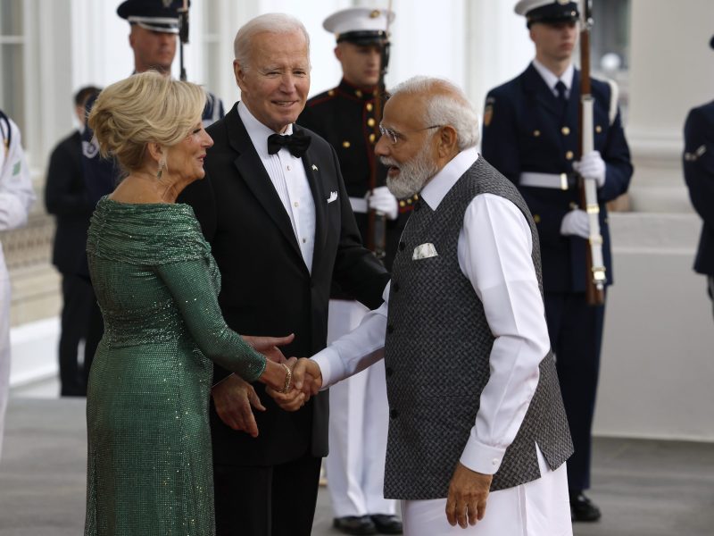 US President Joe Biden and first lady Jill Biden welcome Indian Prime Minister Narendra Modi to the White House on June 22, 2023, in Washington, DC.