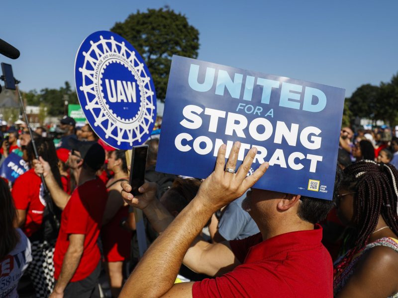 United Auto Workers members and others gather for a rally after marching in the Detroit Labor Day Parade on September 4, 2023 in Detroit, Michigan.