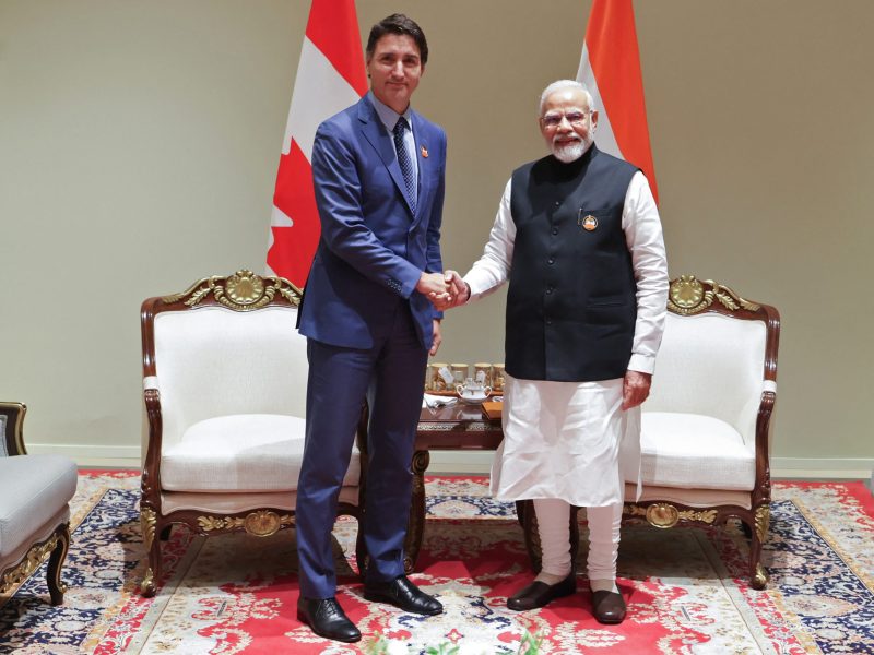 India's Prime Minister Narendra Modi (R) and his Canada counterpart Justin Trudeau shake hands during a bilateral meeting after the G20 Summit in New Delhi on September 10, 2023. Photo by -/PIB/AFP via Getty Images