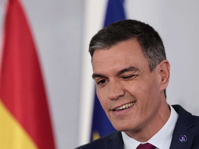 Spain's acting Prime Minister Pedro Sanchez gestures as he delivers a speech at La Moncloa Palace in Madrid on October 3, 2023 after meeting King Felipe VI as part of consultations aiming at proposing a new candidate for investiture. Photo by THOMAS COEX/AFP via Getty Images