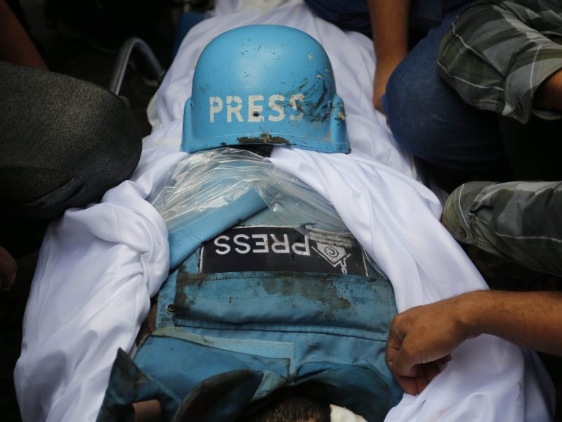 Funeral ceremony held for Palestinian journalists Saeed Al-Taweel and Mohammad Sobh, who were killed in Israeli airstrikes, in Gaza Strip, Gaza on October 10, 2023. Photo by Ashraf Amra/Anadolu via Getty Images