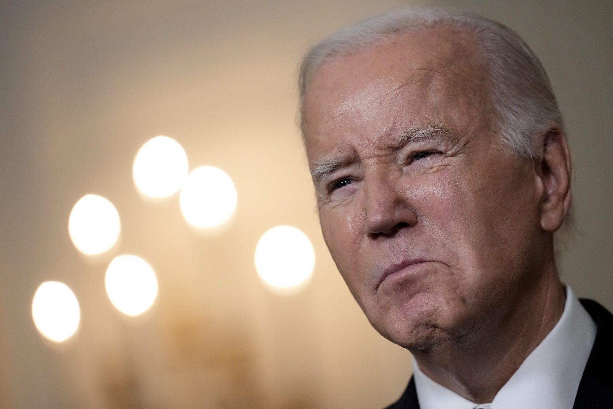 US President Joe Biden delivers remarks on the Oct. 7 Hamas attacks in Israel in the State Dining Room of the White House Oct. 10, 2023 in Washington, DC.