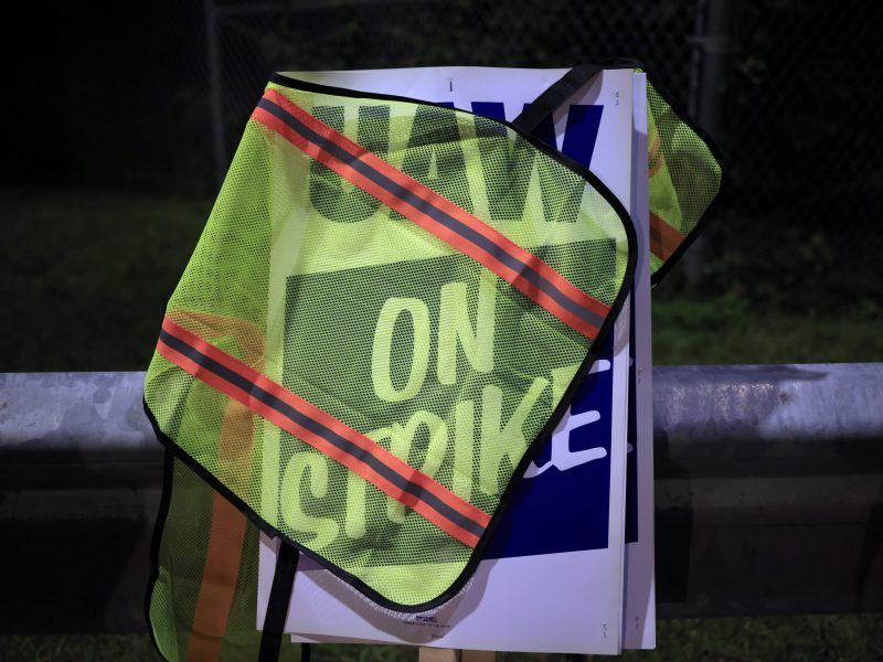 A UAW picket sign is pictured outside the Ford Motor Co. Kentucky Truck Plant in the early morning hours on October 12, 2023 in Louisville, Kentucky. Photo by Luke Sharrett/Getty Images