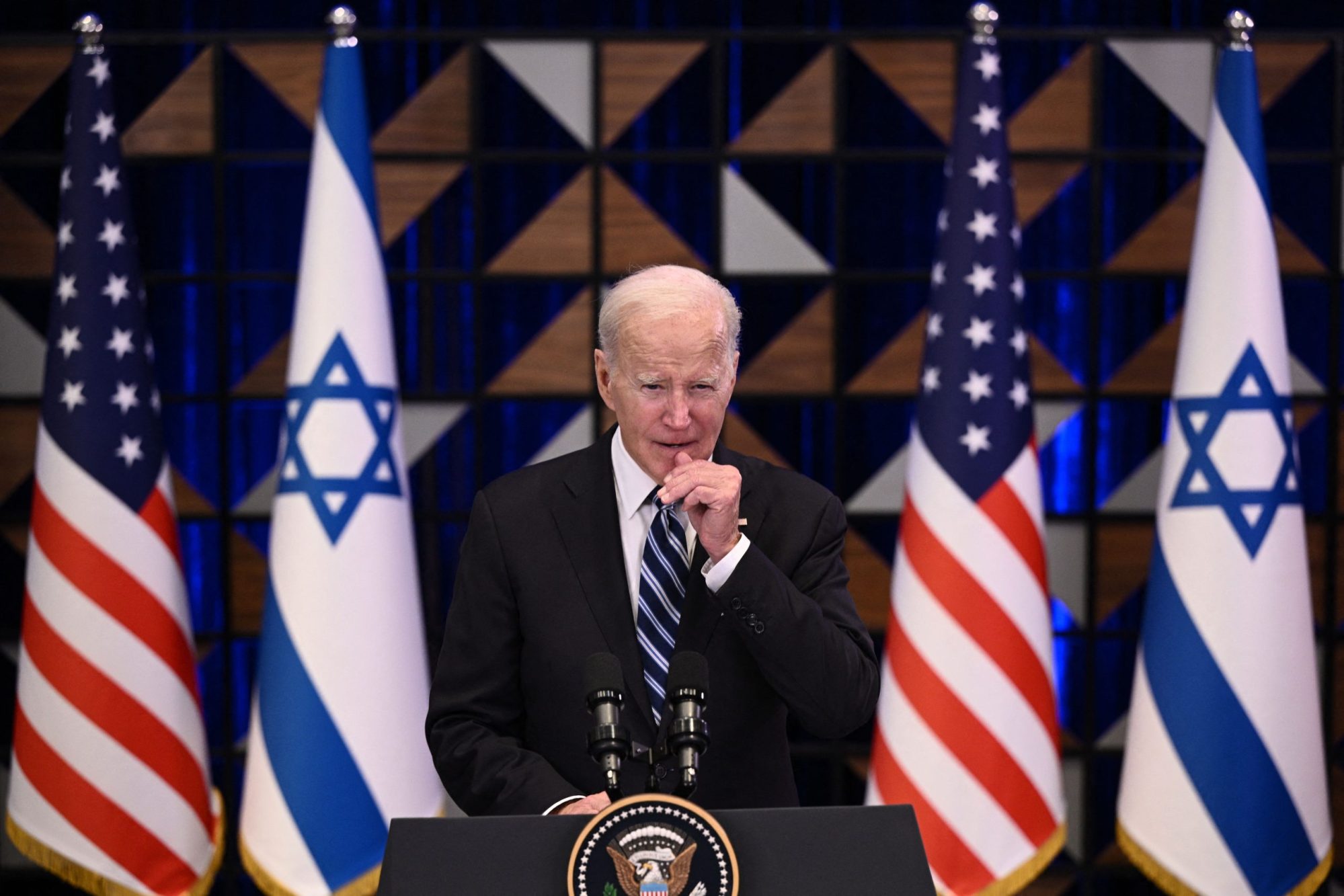 US President Joe Biden holds a press conference following a solidarity visit to Israel, on October 18, 2023, in Tel Aviv. Photo by BRENDAN SMIALOWSKI/AFP via Getty Images