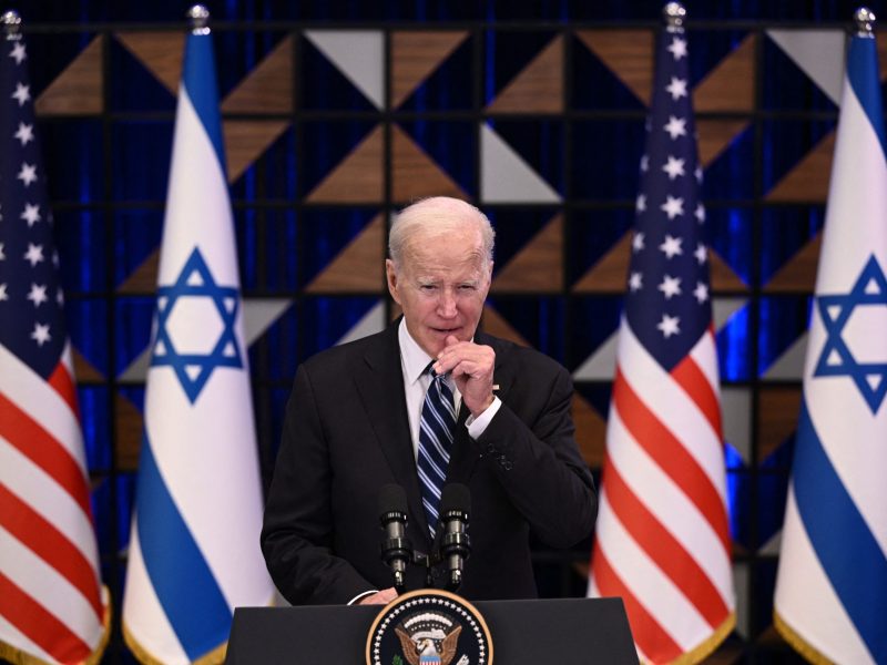 US President Joe Biden holds a press conference following a solidarity visit to Israel, on October 18, 2023, in Tel Aviv. Photo by BRENDAN SMIALOWSKI/AFP via Getty Images