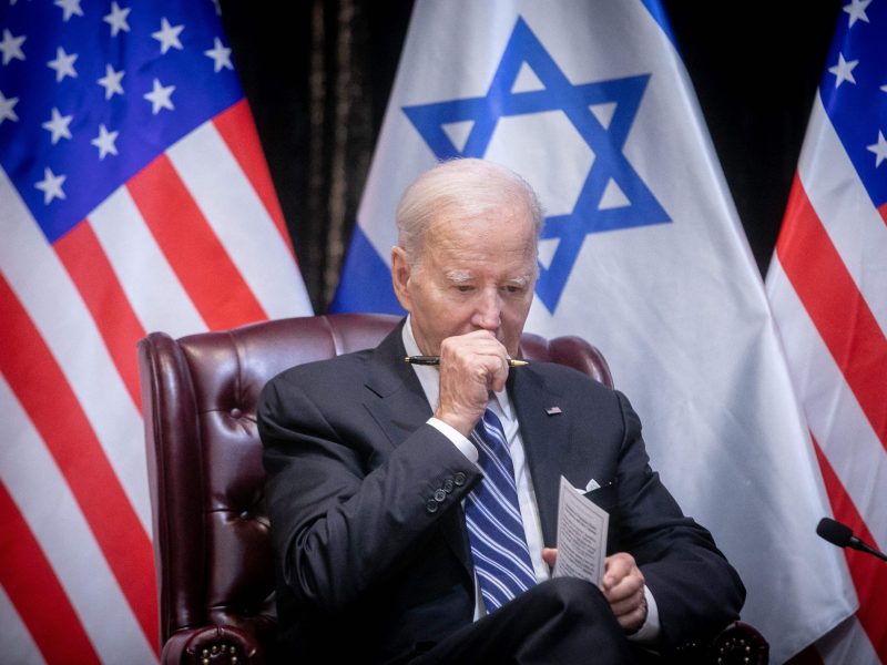 US President Joe Biden joins Israel's Prime Minister for the start of the Israeli war cabinet meeting, in Tel Aviv on October 18, 2023, amid the ongoing battles between Israel and the Palestinian group Hamas. Photo by MIRIAM ALSTER/POOL/AFP via Getty Images
