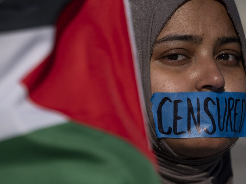 Activists take part in a silent demonstration at the Capitol Building stairs to demand a ceasefire and urgent humanitarian action for Gaza and the Palestinian people on November 8, 2023, in Washington DC, US. The activists also showed support to the Congresswoman Rashida Tlaib after the House passed a resolution to censure her over her comments in response to the Israeli attack on Gaza.