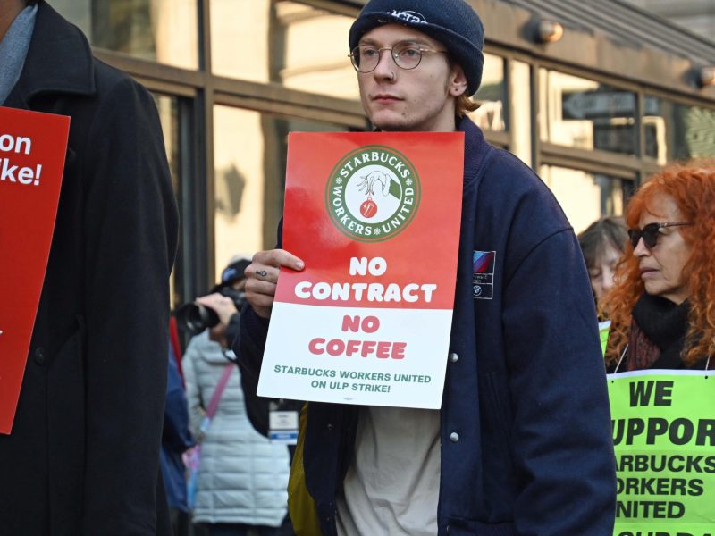 Starbucks workers are striking due to overwhelming demands and understaffing at many of the stores in New York, USA, on November 16, 2023. Photo by Victor M. Matos/Thenews2/NurPhoto via Getty Images