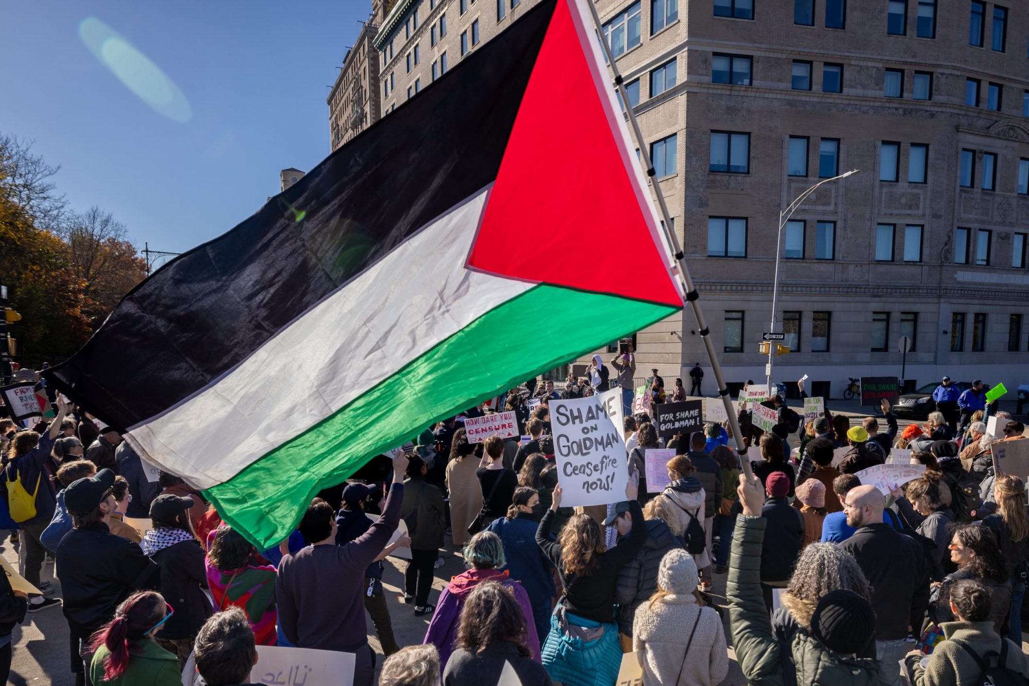 Hundreds of pro-Palestine protesters converged for the "Shame on Goldman: Ceasefire Now!" rally in Brooklyn, NY, USA, on Nov. 19, 2023.