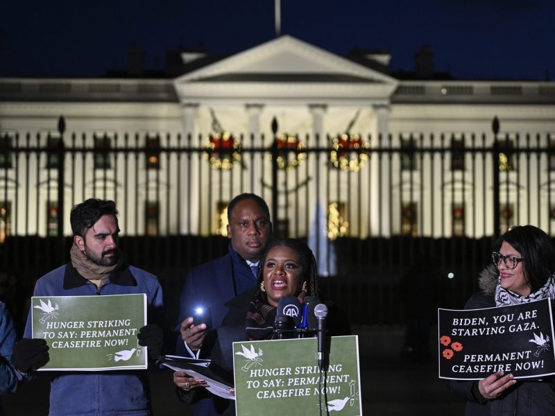 United States Representative Cori Bush hold a press conference with a group of activists, State legislators and actors on the third day of the five-day hunger strike in front of the White House in Washington DC, United States on November 29, 2023. Photo by Celal Gunes/Anadolu via Getty Images