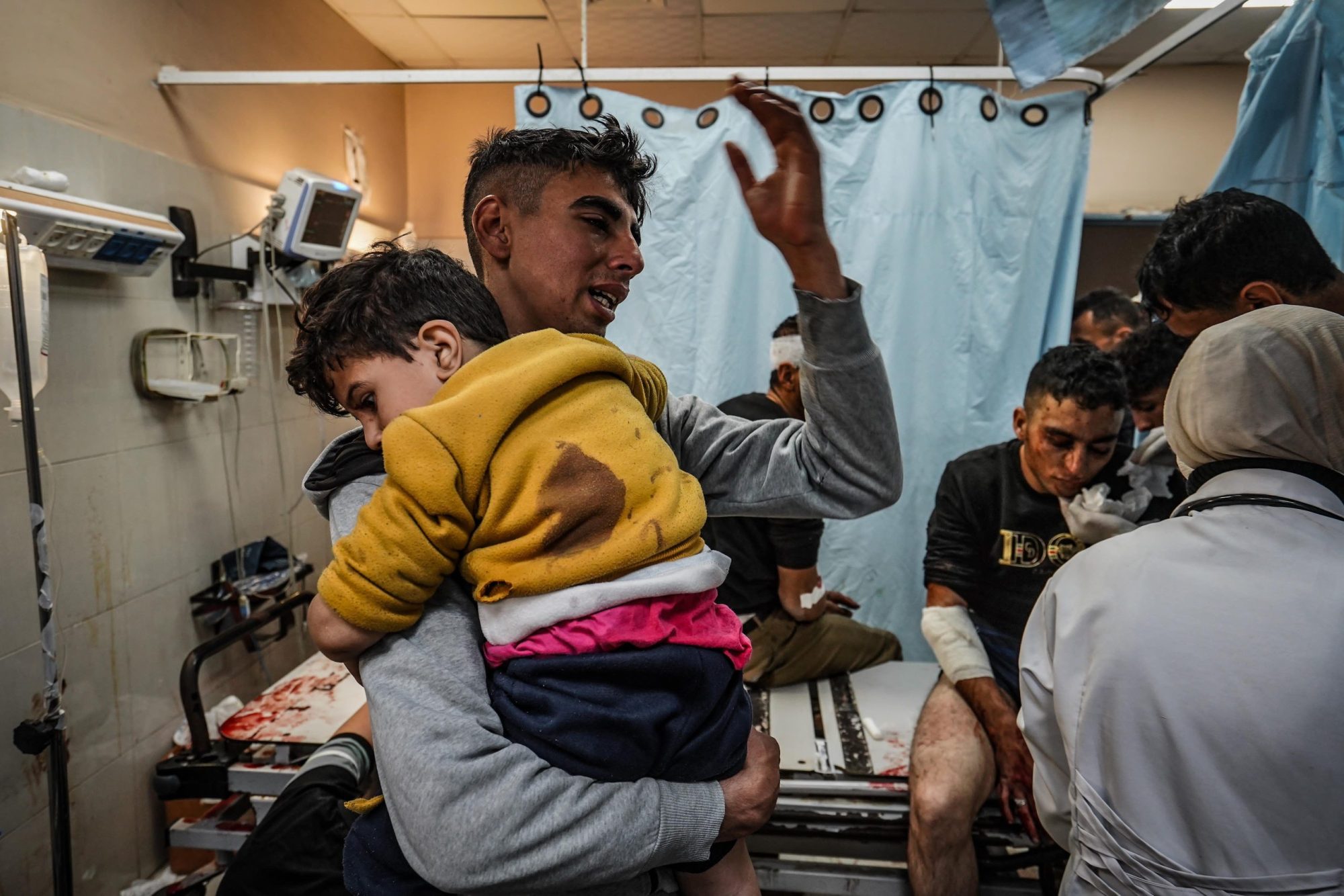 Injured Palestinians, including children, are brought to Nasser Hospital to receive medical treatment following Israeli attacks in Khan Yunis, Gaza on January 22, 2024. Photo by Belal Khaled/Anadolu via Getty Images