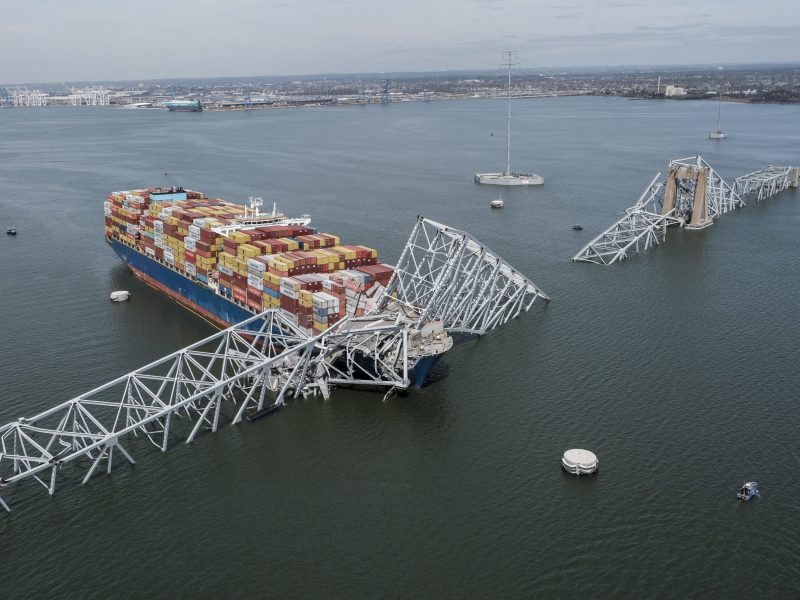 The remains of the Francis Scott Key Bridge on March 26, 2024 in Baltimore. Photo by Michael A. McCoy for The Washington Post via Getty Images