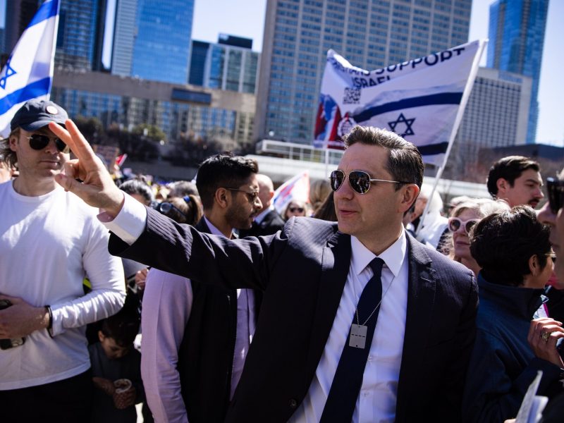 Conservative party leader Pierre Poilievre arrives to speak as close to 1,000 supporters of Israel gathered at Nathan Philips Square to mark 6 months since the deadly Hamas attack on October 7th. Nick Lachance/Toronto Star via Getty Images