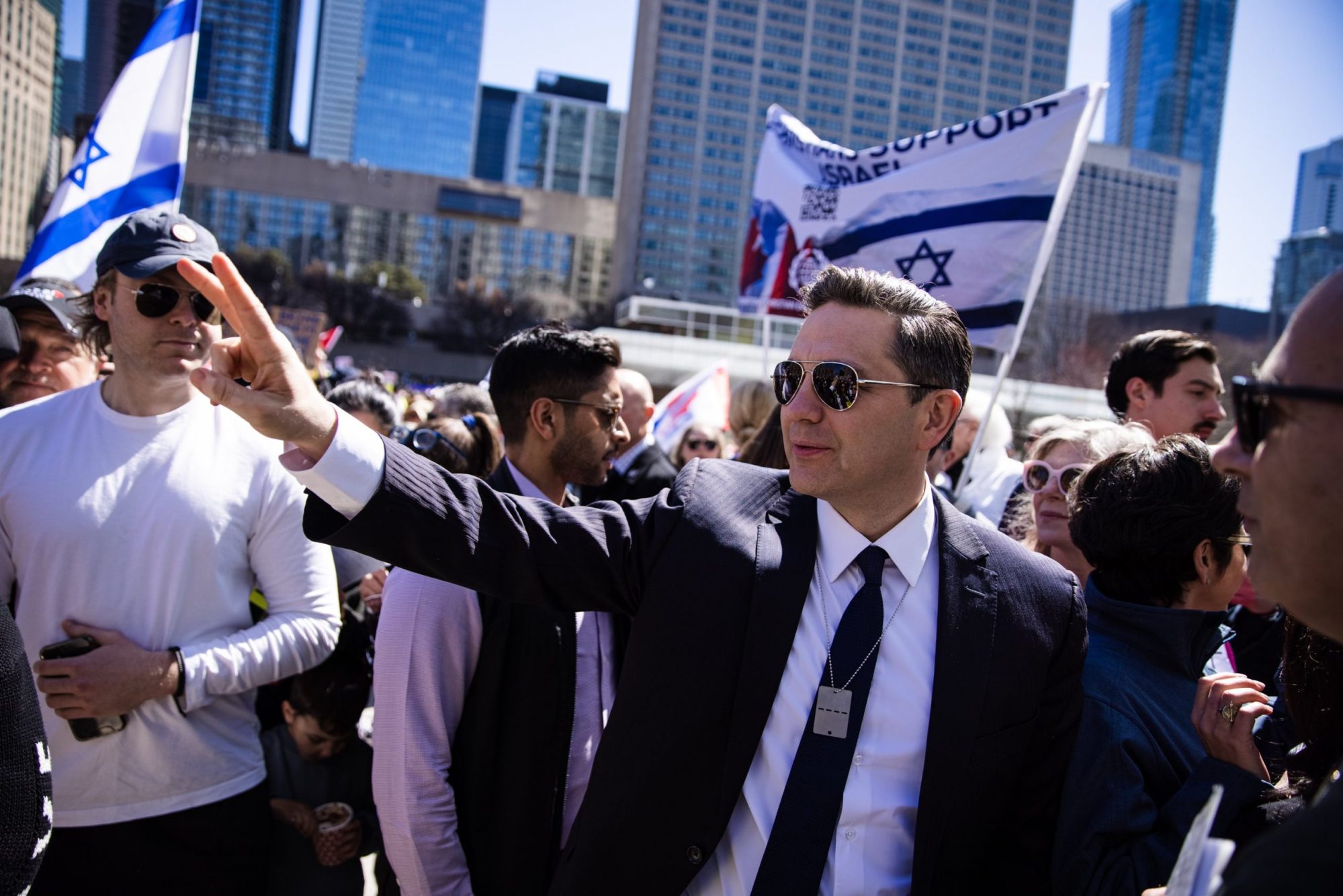 Conservative party leader Pierre Poilievre arrives to speak as close to 1,000 supporters of Israel gathered at Nathan Philips Square to mark 6 months since the deadly Hamas attack on October 7th. Nick Lachance/Toronto Star via Getty Images