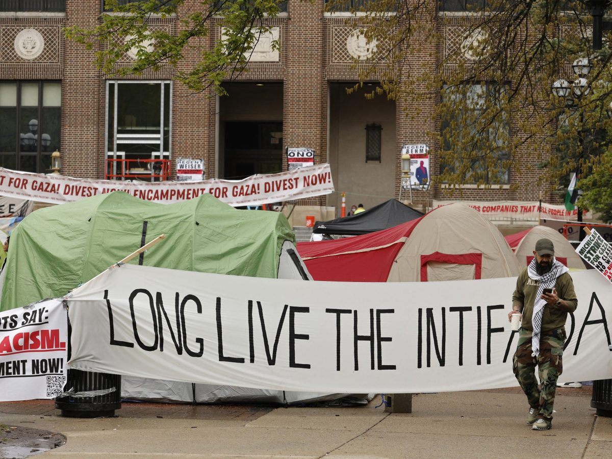 Pro-Palestinian students protest at an encampment on the campus of the University of Michigan in Ann Arbor, Michigan on April 28, 2024. Photo by JEFF KOWALSKY/AFP via Getty Images