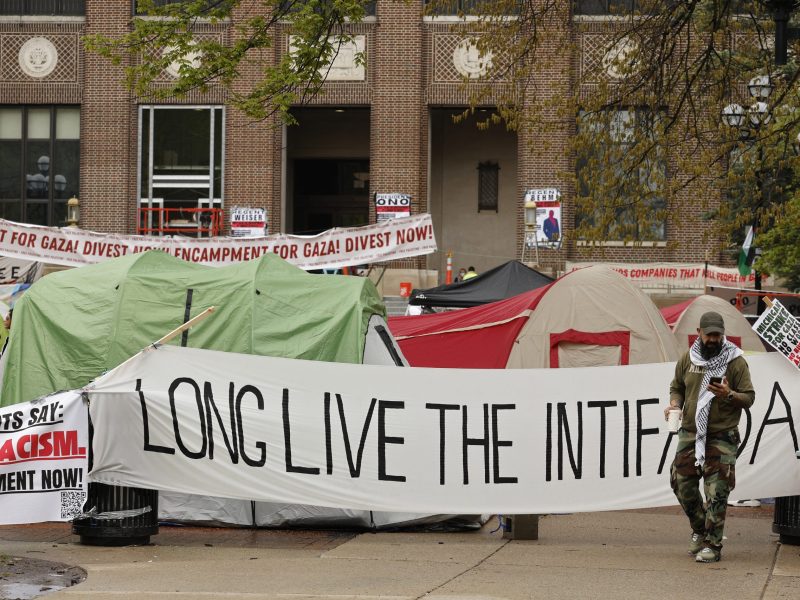 Pro-Palestinian students protest at an encampment on the campus of the University of Michigan in Ann Arbor, Michigan on April 28, 2024. Photo by JEFF KOWALSKY/AFP via Getty Images