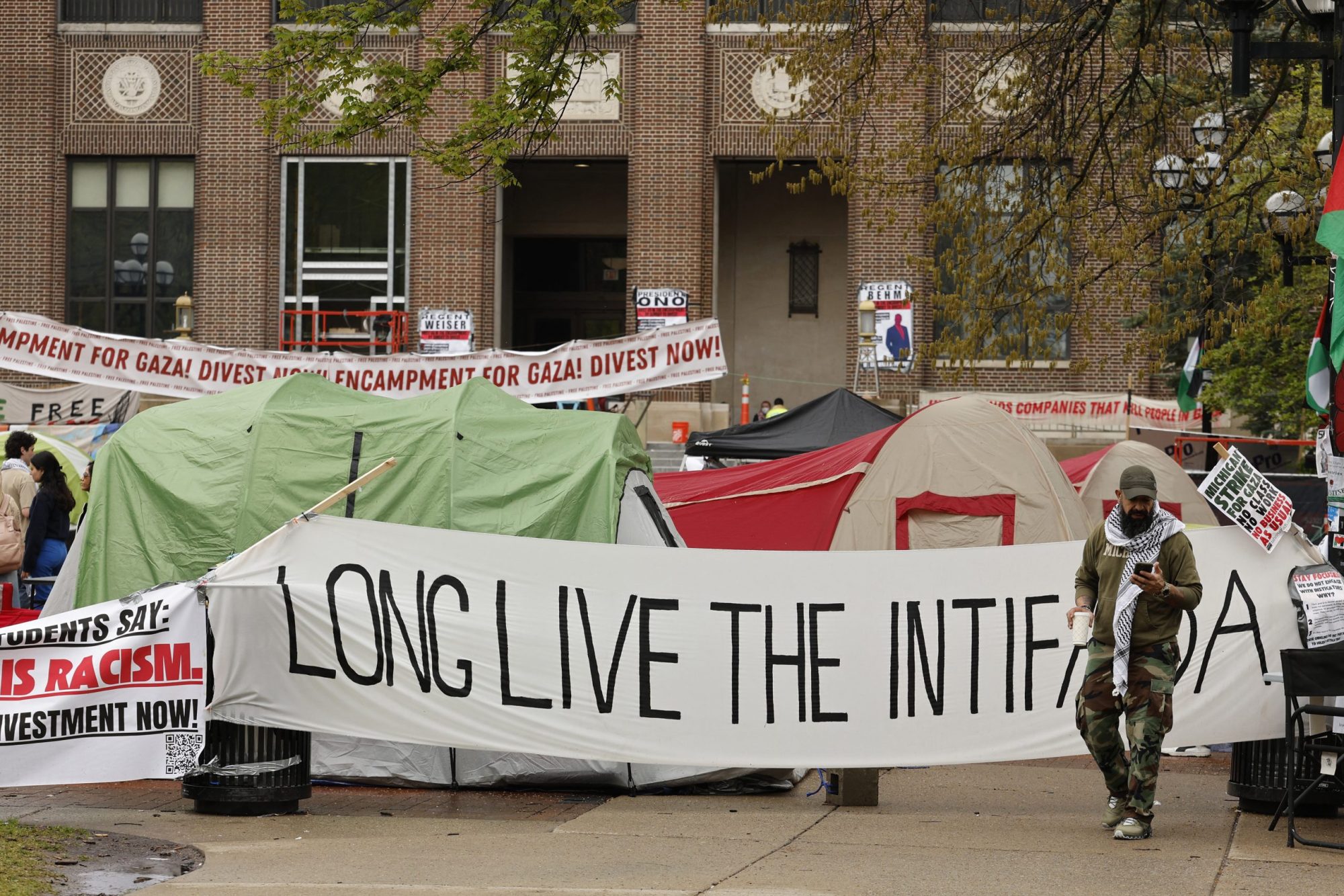 Pro-Palestinian students protest at an encampment on the campus of the University of Michigan in Ann Arbor, Michigan on April 28, 2024. Photo by JEFF KOWALSKY/AFP via Getty Images