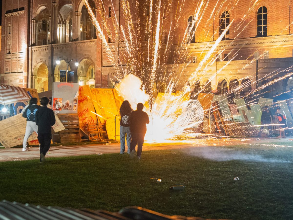 Israeli Protesters Laid Siege On The UCLA Gaza Support Camp For Over 4 Hours. The Israeli Protesters Used Make Shift Weapons, Chemical Weapons And Fireworks To Assault The Camp. Photo by Shay Horse/NurPhoto via Getty Images