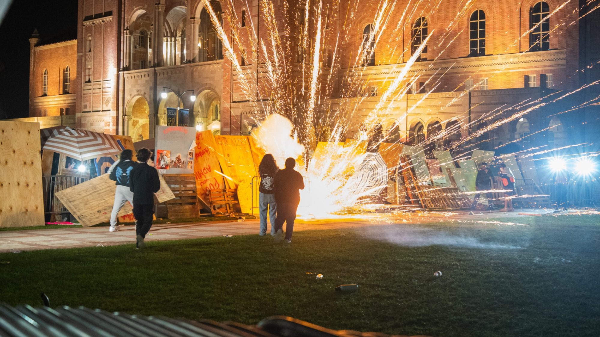 Israeli Protesters Laid Siege On The UCLA Gaza Support Camp For Over 4 Hours. The Israeli Protesters Used Make Shift Weapons, Chemical Weapons And Fireworks To Assault The Camp. Photo by Shay Horse/NurPhoto via Getty Images