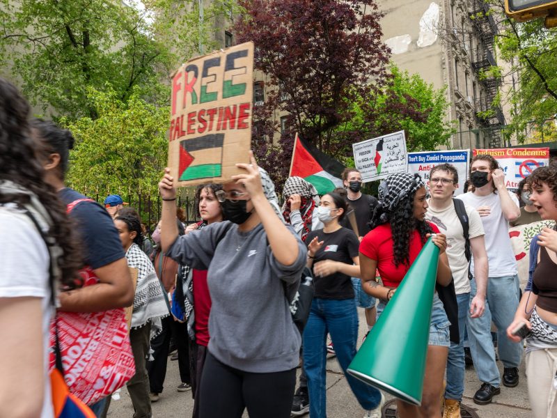 Pro-Palestinian protesters walk from Columbia University down to Hunter College as protests at area universities and colleges continue on May 6, 2024 in New York City. Spencer Platt / Getty Images