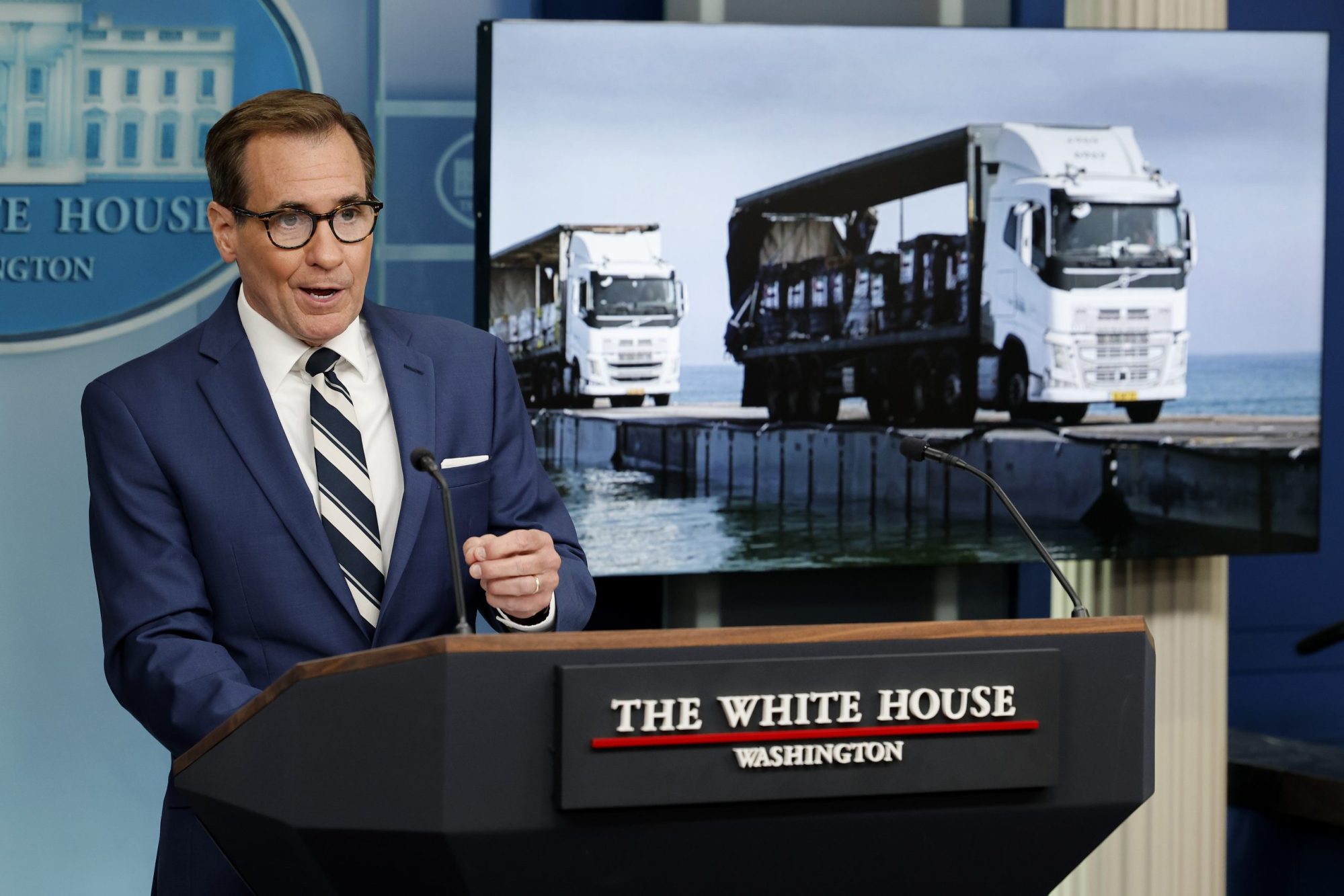 White House National Security Communications Advisor John Kirby speaks to reporters during the daily news conference in the Brady Press Briefing Room at the White House on May 17, 2024 in Washington, DC. Kirby updated reporters about the humanitarian aid ostensibly being delivered to the Gaza Strip using a floating platform and pier built by the United States military. Photo by Chip Somodevilla/Getty Images.