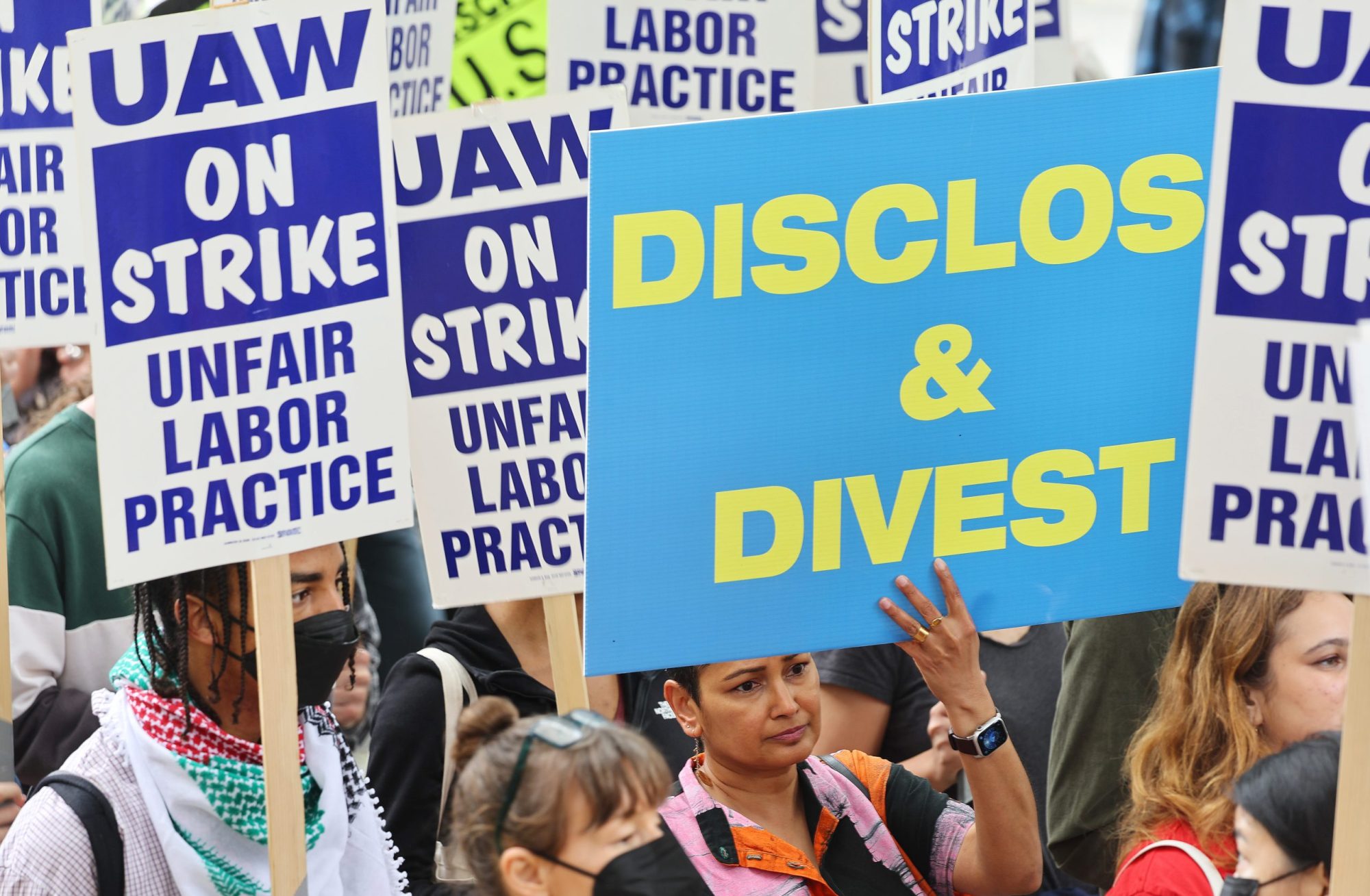 UCLA (University of California, Los Angeles) academic workers from United Auto Workers Local 4811 picket on the first day of their strike on May 28, 2024 in Los Angeles, California. Mario Tama/Getty Images