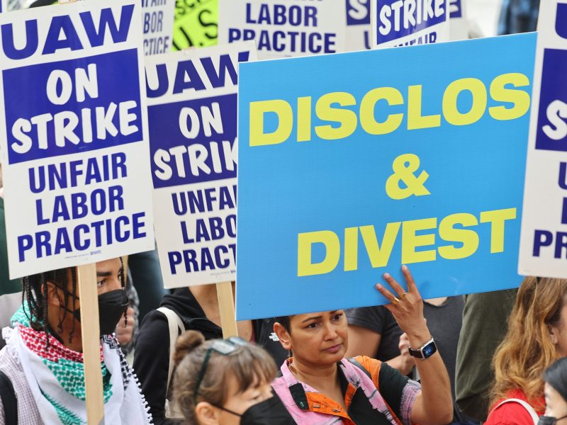 UCLA (University of California, Los Angeles) academic workers from United Auto Workers Local 4811 picket on the first day of their strike on May 28, 2024 in Los Angeles, California. Mario Tama/Getty Images