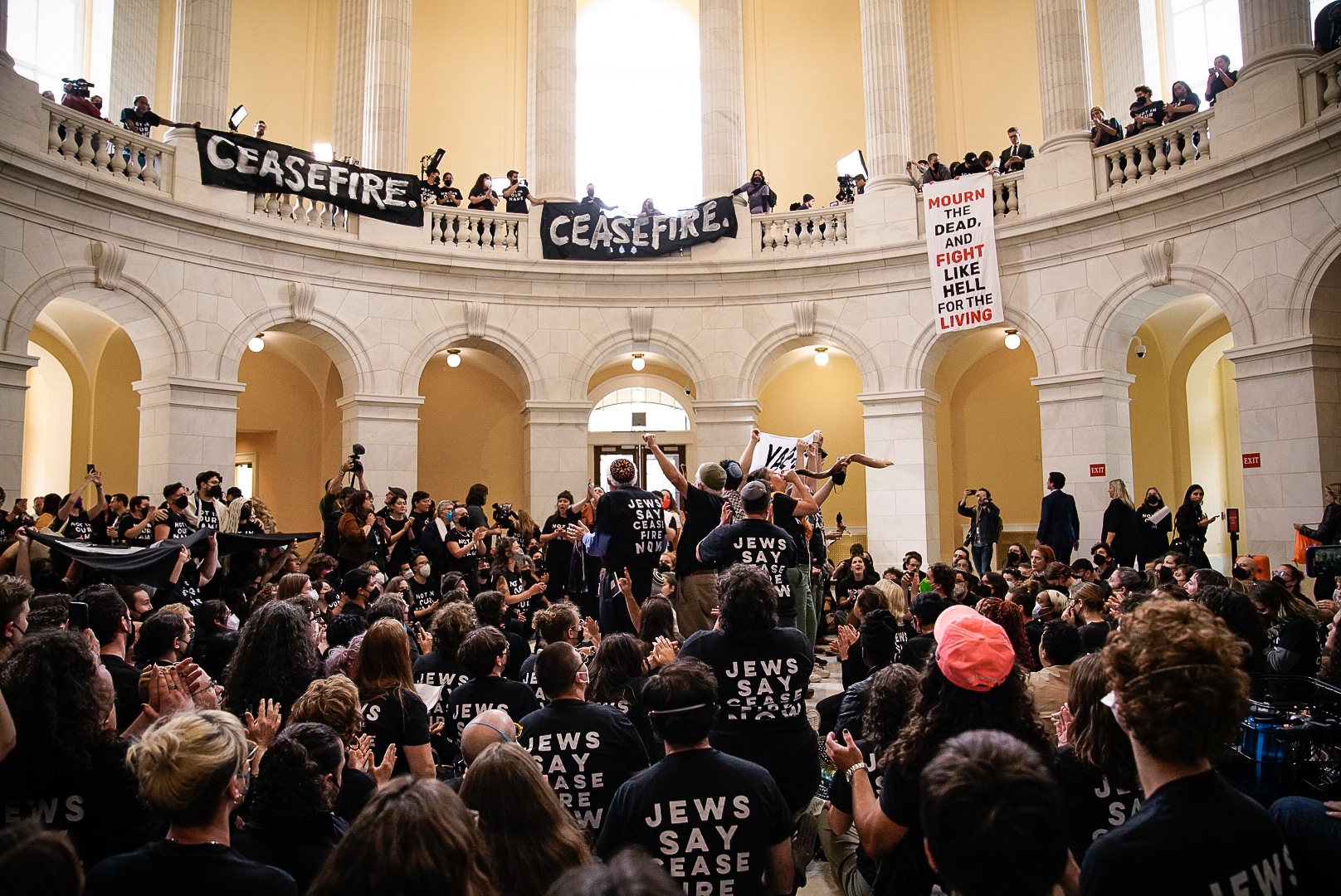Oct. 18 sit-in inside the Cannon House Office Building in Washington, DC. Activists with Jewish Voice for Peace and other organizations rallied to demand an immediate ceasefire in the besieged and blockaded Gaza Strip. Organizers say 500 activists were arrested during the sit-in.