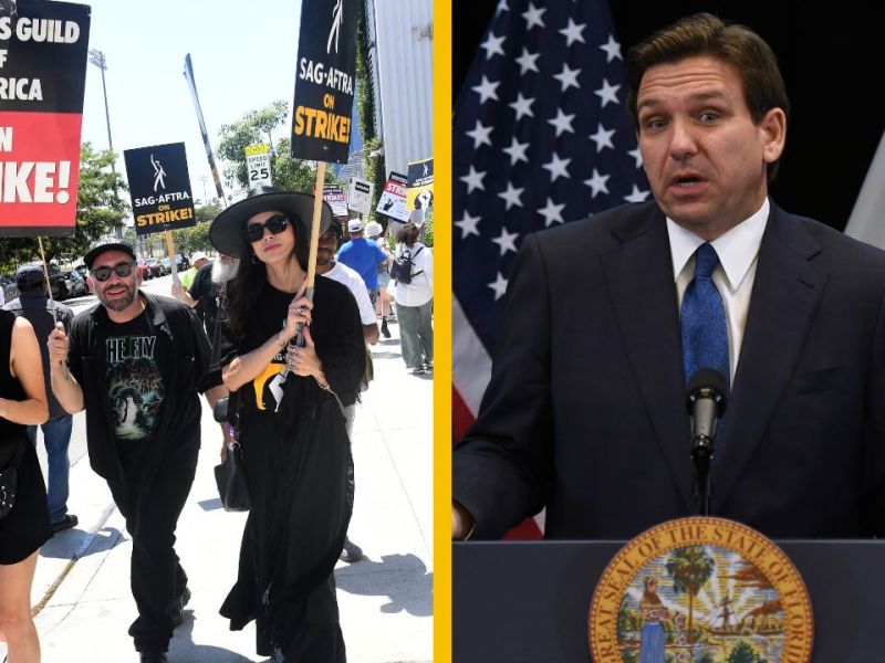 Split-screen image: (Left) SAG-AFTRA and WGA strikers walk the picket line at the Netflix studio located on Sunset and Van Ness on Aug.14, 2023, in Hollywood, California. (Right) Florida Gov. Ron DeSantis holds a press conference at the Reedy Creek Administration Building in Lake Buena Vista, Florida, on April 17, 2023.