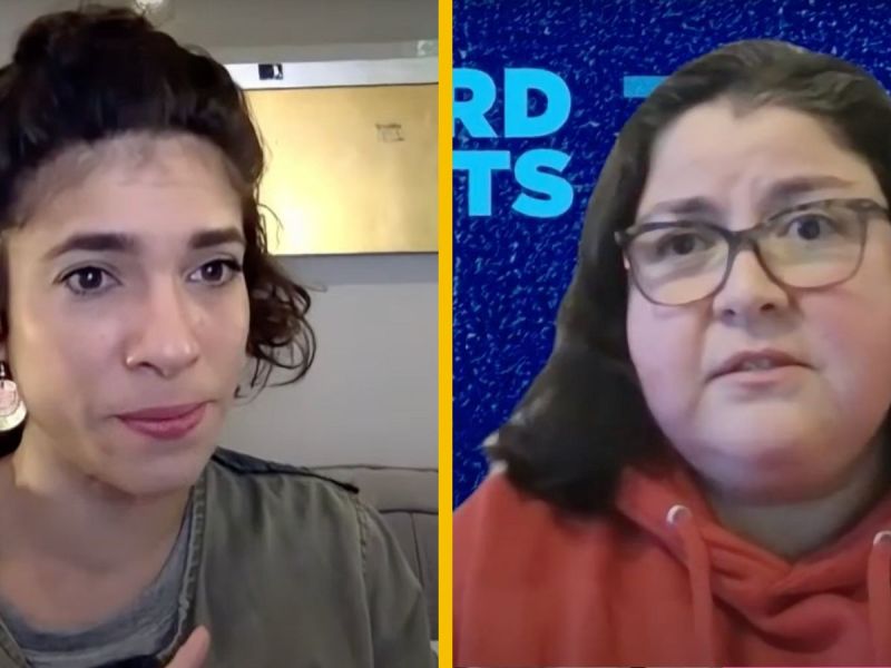 Split screen image with Diany Rodriguez (left), a rank-and-file SAG-AFTRA member, and Marcelina Pedraza (right), an electrician at Ford Chicago Assembly Plant and member of UAW Local 551, speaking on TRNN's Worker Solidarity Livestream on Oct. 18, 2023. Screenshot/TRNN.