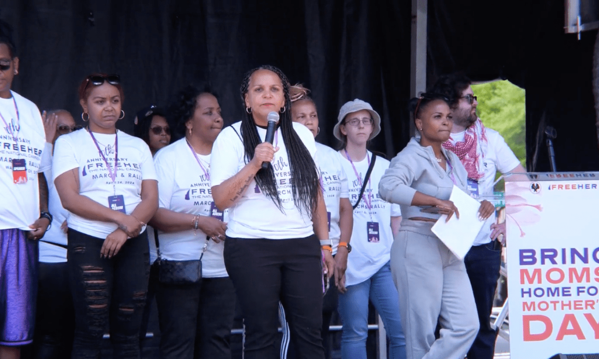 Andrea James, founder and executive director of the National Council for Incarcerated and Formerly Incarcerated Women and Girls, addresses the crowd at the FreeHer march in Washington, D.C. on April 18, 2024. Still taken from video by TRNN