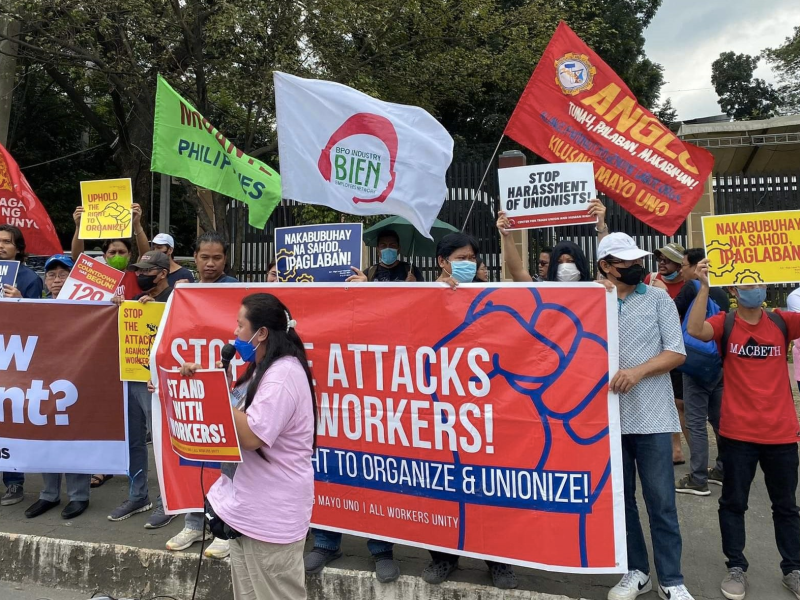 Workers organized with BPO Industry Employees Network in the Philippines demonstrating in defense of the right to organize. Photo courtesy of BPO Industry Employees Network.